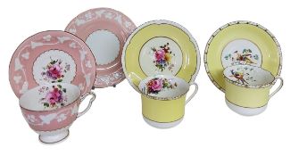 A Royal Crown Derby Vine moulded Kendal pattern teacup, saucer and side plate, pink borders, printed