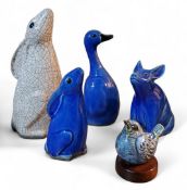 A contemporary stoneware crackle glazed hare,  moon gazing, 22cm high;   another, in blue, 14cm