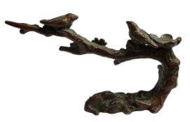 Contemporary School, a miniature bronze, birds perched on branch, 7cm high