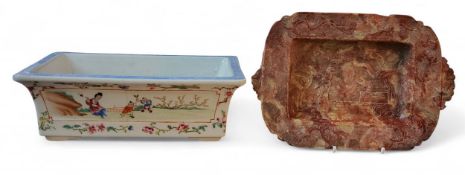 A Chinese rectangular bonsai tree jardiniere, in the famille rose palette with figures playing,