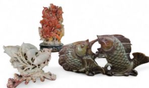 Chinese School, soapstone, two carp. 40cm wide;  another, of fish swimming amongst frons, 17cm high;
