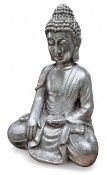 A contemporary 'Chinese' silvered ceramic Buddha, seated in the lotus position, 53cm high, 34cm