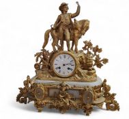 A 19th century French gilt metal and alabaster mantel timepiece, 11.5cm enamel clock dial