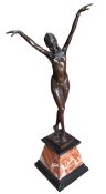 D. H. Chiparus, after, Art Deco style,  bronze figure,  of a dancer with arms raised, marble base,