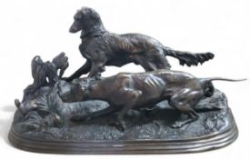 Pierre Jules Mene, after, a dark patinated bronze, dogs approaching a game bird, signed in the