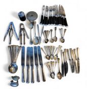 Flatware - a set of six plated beaded soup spoons, various teaspoons, nutcrackers, fruit knives,