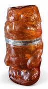 A novelty silver plated and amber coloured glass biscuit barrel, in the form of a bulldog,  25cm