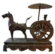 A Chinese archaic bronze model of a horse and carriage, rectangular base, 28cm high, 27cm wide,  Han