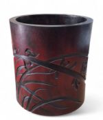 A Chinese huanghuali wood brush pot, carved floral motifs, 16cm high, 14.5cm wide