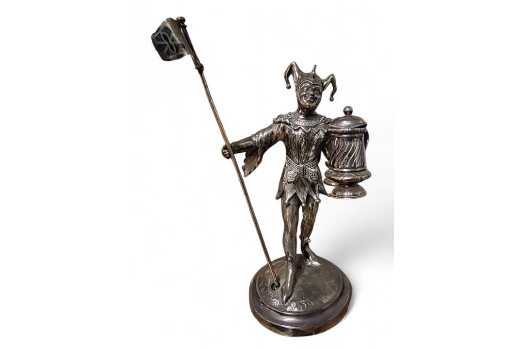 A Victorian silver novelty table figural condiment, as a jester, holding a tankard, standing by a - Image 2 of 7
