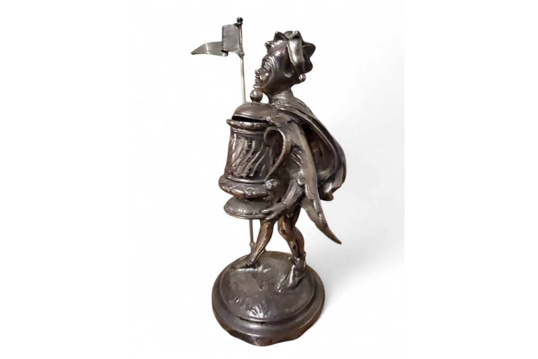 A Victorian silver novelty table figural condiment, as a jester, holding a tankard, standing by a - Image 5 of 7