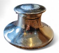 A George V silver and tortoiseshell capstan inkwell, hinged cover, applied with silver ribbon tied
