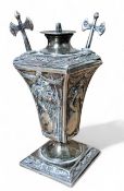 A Victorian silver wax jack, of tapering square form, embossed with Minerva and foliate, two