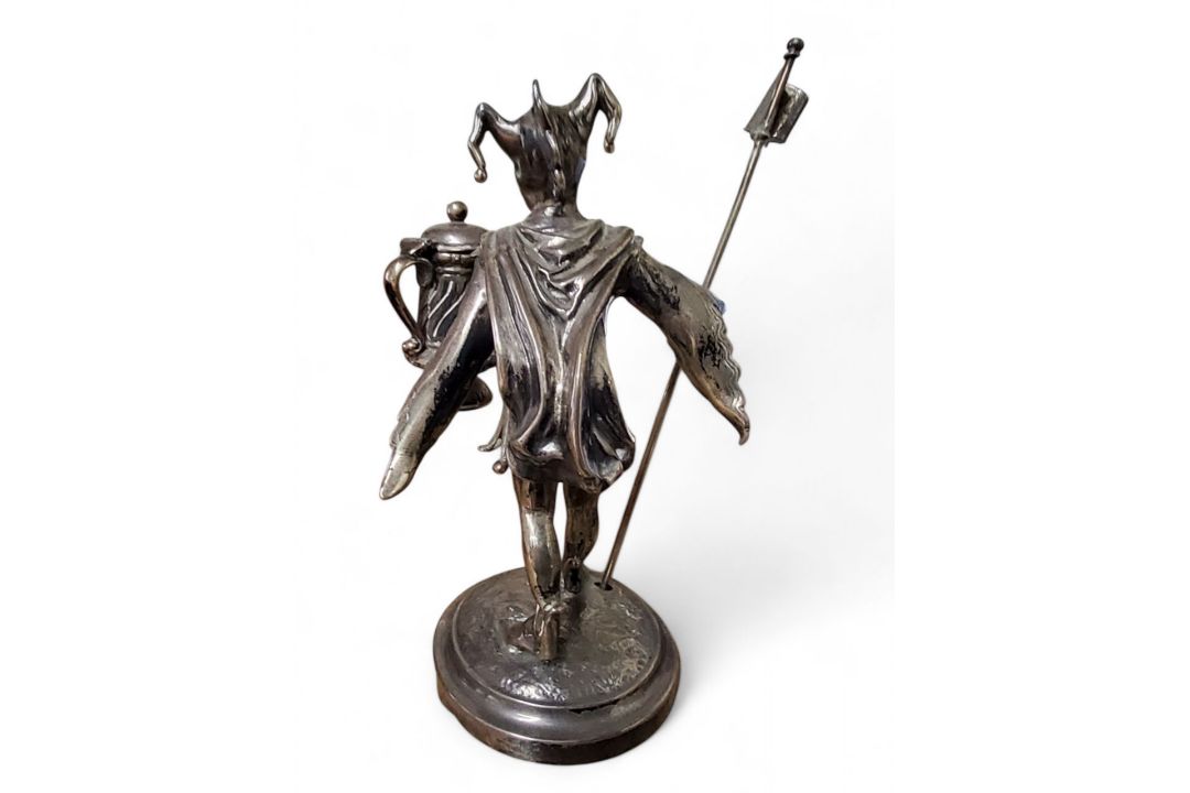 A Victorian silver novelty table figural condiment, as a jester, holding a tankard, standing by a - Image 4 of 7