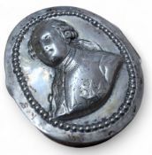 A German 800 silver oval snuff box, the hinged cover embossed in relief with a portrait of Louis