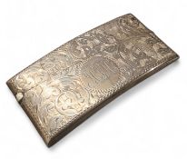 A Victorian silver bowed rectangular card case, engraved and chased overall with foliate scrolls,