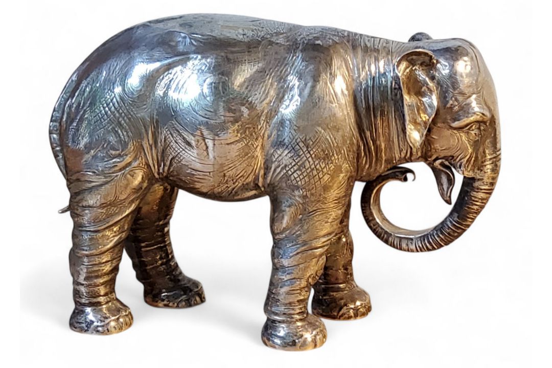 A large German silver standing elephant table ornament, with detachable head, 20cm high, Neresheimer - Image 1 of 6