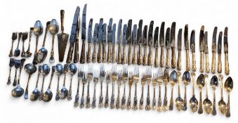 A part canteen of Kings pattern flatware, comprising carving knife and fork, cake slice, bread