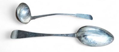 A George III silver Fiddle pattern ladle, Chester 1801; a George II Hanoverian pattern table