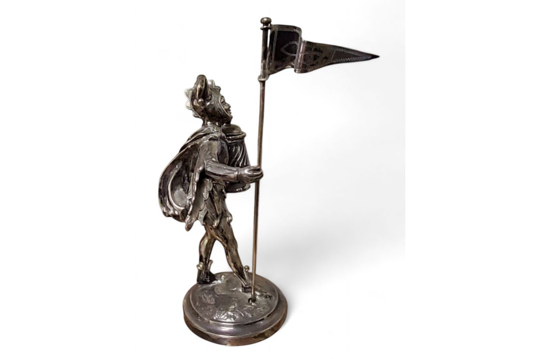 A Victorian silver novelty table figural condiment, as a jester, holding a tankard, standing by a - Image 3 of 7