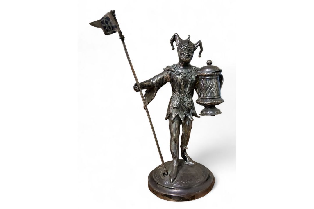 A Victorian silver novelty table figural condiment, as a jester, holding a tankard, standing by a - Image 1 of 7