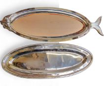 A large plated fish serving tray, with naturalistically cast head and tail, 87cm long; another,