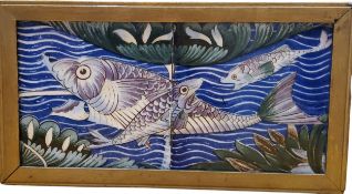 Two early 20th century dust pressed tiles, decorated three scaly fish swimming amidst Persian type