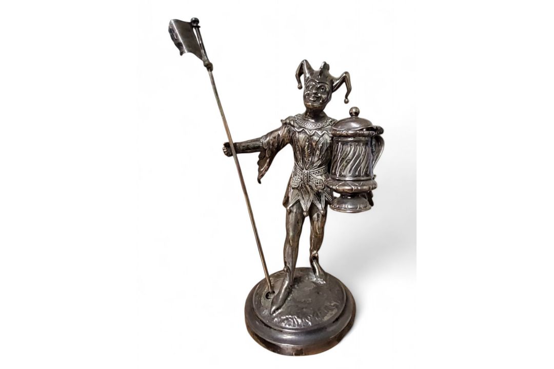A Victorian silver novelty table figural condiment, as a jester, holding a tankard, standing by a - Image 6 of 7