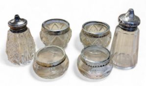 A pair of silver mounted and glass salts, silver mounts, London 1929; others, a silver salt pot, 8.