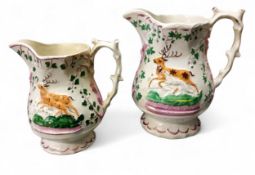A pair of Victorian graduated Sunderland pink lustre hunting jugs,  moulded in relief with a stag