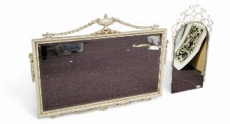 A large recantular mirror, urn and swag cresting, white painted, 76cm x 97cm;   a white areched