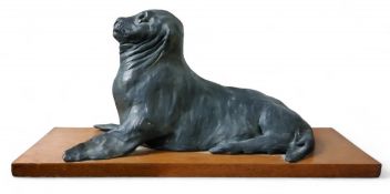 Peggy Davis (Sheffield Artist), painted plaster, Seal,  24cm high, 53.5cm wide