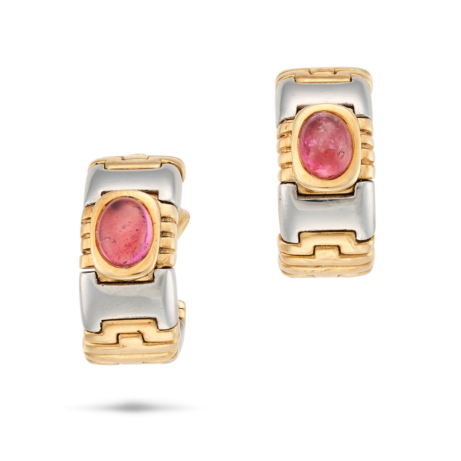 CHRISTOFFEL, A PAIR OF PINK TOURMALINE HOOP EARRINGS in 18ct yellow gold and steel, each designed...