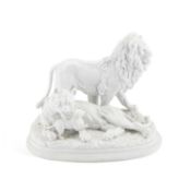 A LARGE 19TH CENTURY FRENCH BISCUIT PORCELAIN GROUP OF LIONS