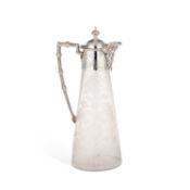 A LATE VICTORIAN SILVER-PLATE MOUNTED ETCHED GLASS CLARET JUG