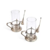A PAIR OF SILVER-PLATE MOUNTED GLASS STORM LAMPS