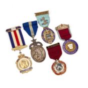 FIVE SILVER MASONIC AND RAOB JEWELS