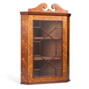 A 19TH CENTURY POKER WORK DECORATED HANGING CORNER CABINET