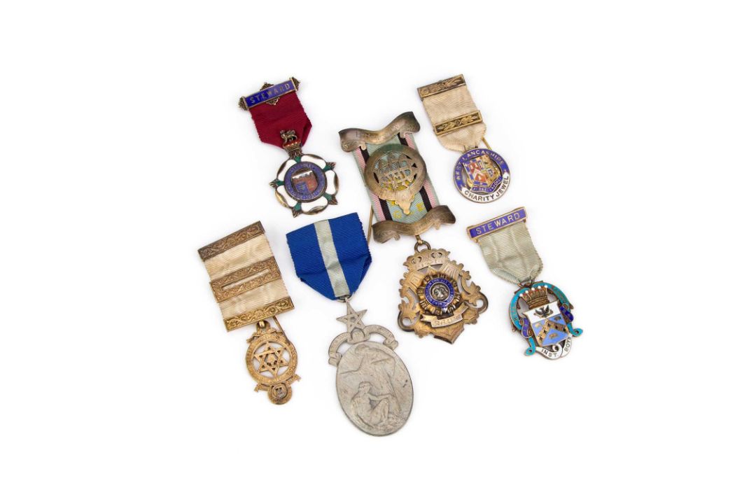 SIX SILVER MASONIC AND RAOB JEWELS