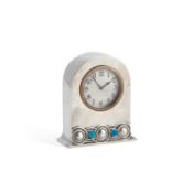 A LIBERTY & CO TUDRIC PEWTER AND ENAMEL MANTEL CLOCK