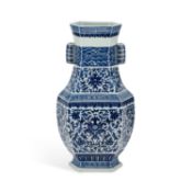 A CHINESE BLUE AND WHITE HEXAGONAL VASE, HU