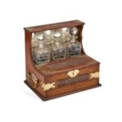 A LATE VICTORIAN BRASS-MOUNTED OAK BOX TANTALUS