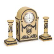 A WEDGWOOD THREE-COLOUR JASPERWARE CLOCK GARNITURE, CIRCA 1900