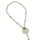 A CHINESE JADE, CORAL AND TURQUOISE PENDANT NECKLACE