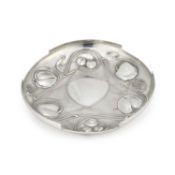 ARCHIBALD KNOX (1864-1933) FOR LIBERTY & CO A TUDRIC PEWTER AND ENAMEL DISH, 'THE BOLLELIN'