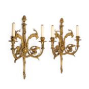 A PAIR OF 18TH CENTURY STYLE ORMOLU TWO-LIGHT WALL SCONCES