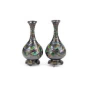 A FINE PAIR OF JAPANESE SILVER AND ENAMEL VASES MEIJI PERIOD (1868-1912), SIGNED