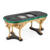A STRIKING EMPIRE STYLE MALACHITE AND GILTWOOD COFFEE TABLE