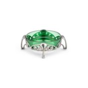 ARCHIBALD KNOX (1864-1933) FOR LIBERTY & CO, A TUDRIC PEWTER AND GREEN GLASS DISH