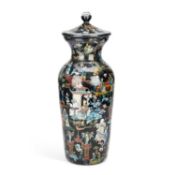 A 19TH CENTURY DECALCOMANIA GLASS BALUSTER VASE AND COVER